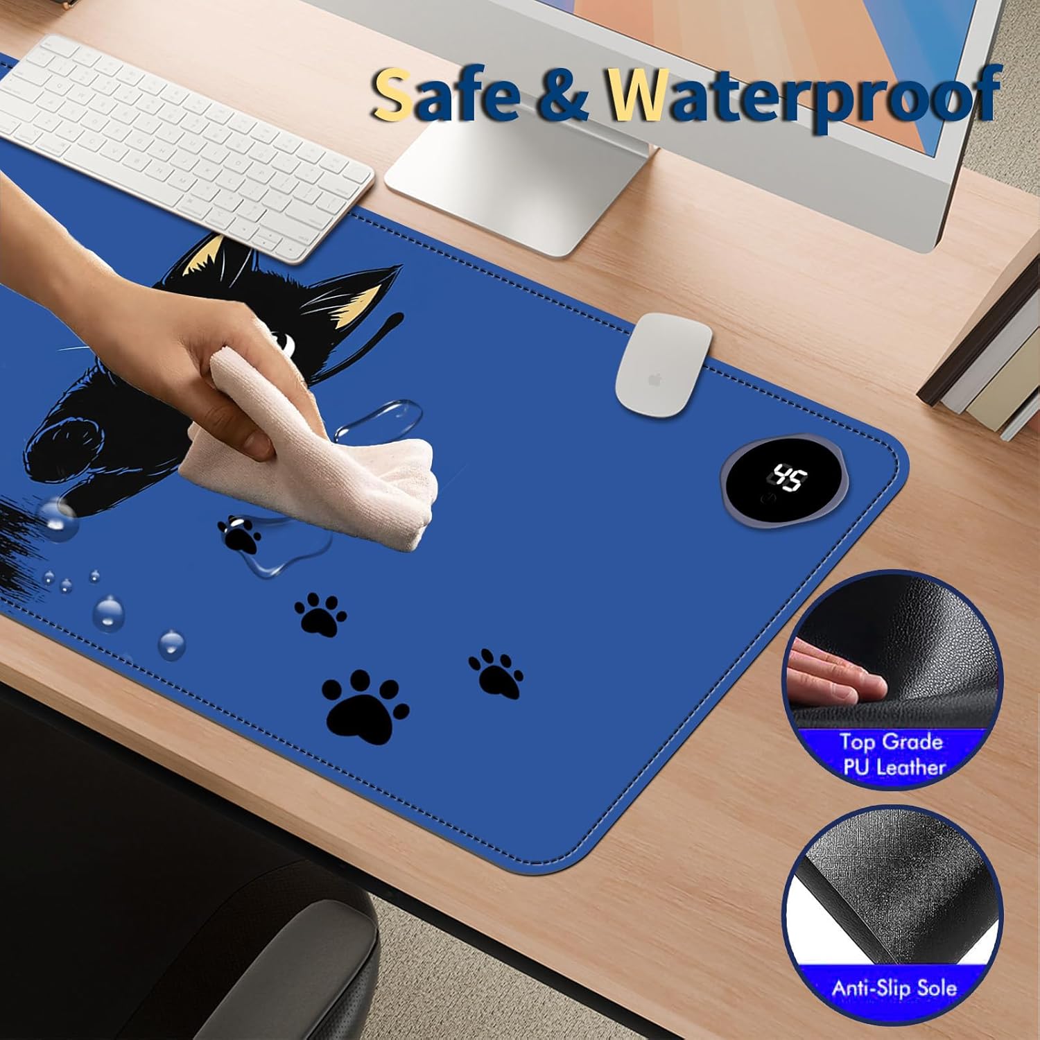 Heated Mouse Pad with 3 Temperature Settings(104°F–122°F),Large 31.5x13 Inch PU Leather Heated Desk Mat,Waterproof Warming Pad for Office,Gaming & Cold Hands Relief,Cute Black Cat