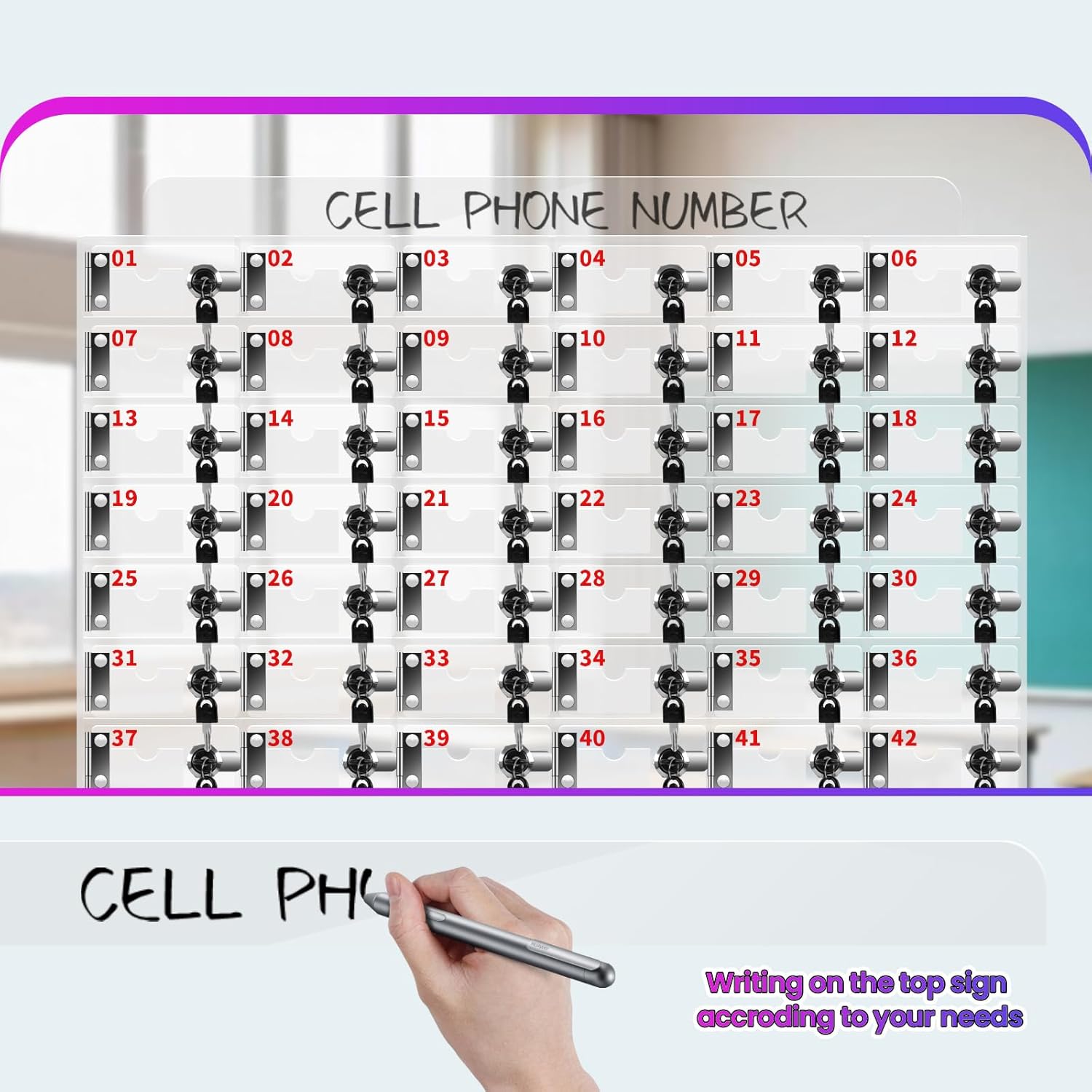 60 Slots Cell Phone Locker Box, Clear Phone Storage, Acrylic Cell Phone Lock Box with Door Locks and Keys, Wall Mounted Cell Phones Cabinet for Office School Classroom Factory