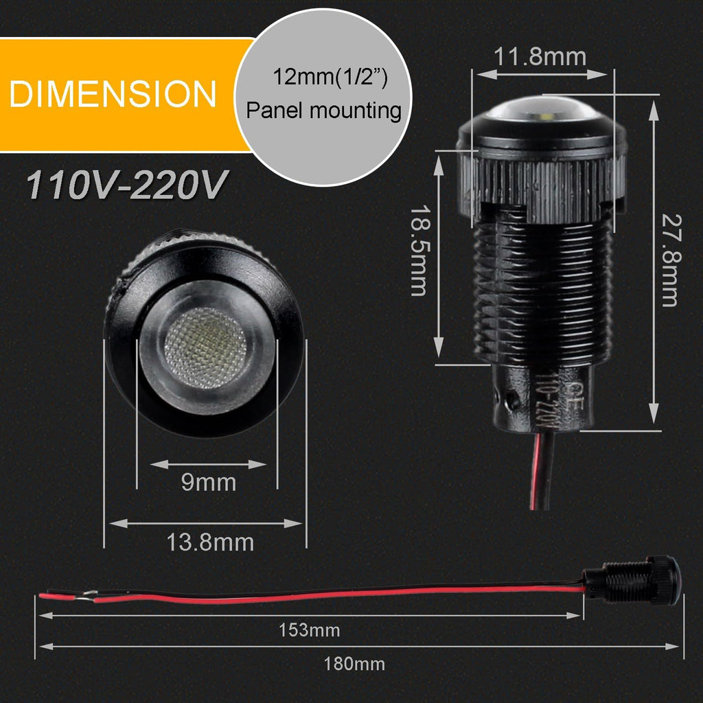 5pcs 12mm LED Indicator Light Plastic Black Signal Dot Lamp 110-220VAC 1/2 inches Mounting Hole Size with 15cm/5.9in. Wire (White LED)