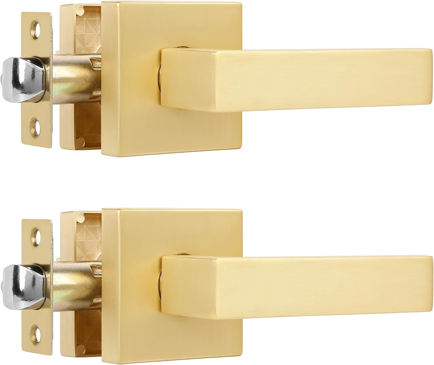 2 Pack Heavy Passage Door Handle Stain Brass Keyless Square Door Lever with Modern Contemporary Design for Hallway or Closet