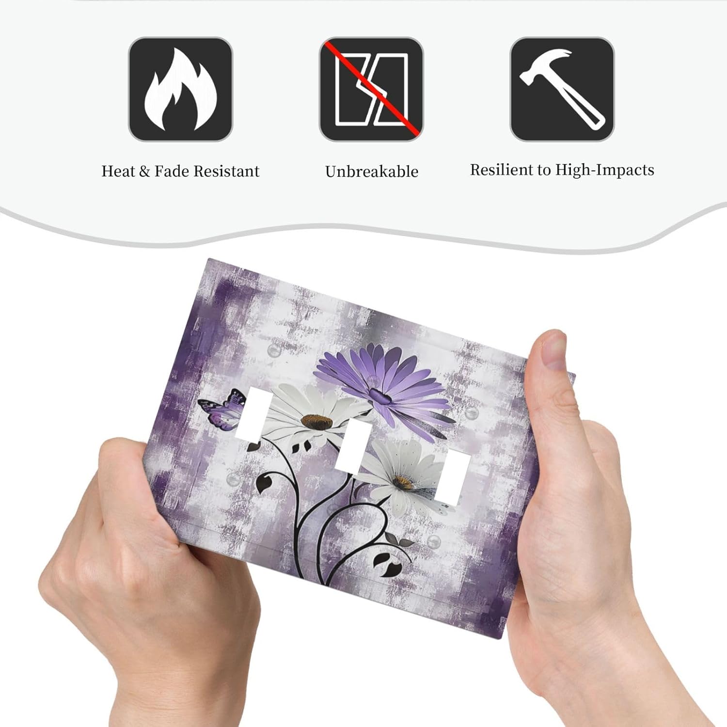 Light Switch Covers Purple Daisy White Floral Butterfly Flowers 3 Gang Wall Plates Triple Toggle Outlet Cover Decorative Switchplates Electrical Panel Cover for Kitchen Living Room 4.8 X 6.7 IN