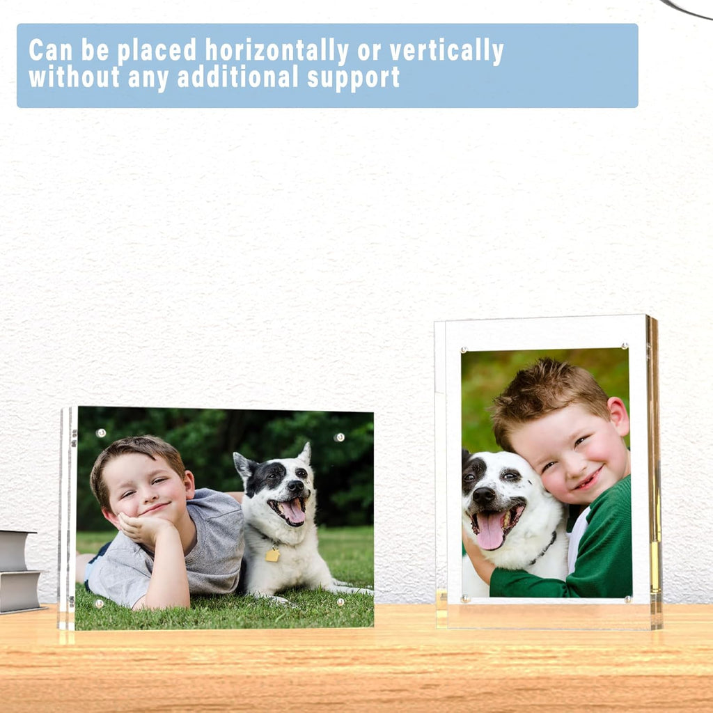 HELPLEX 3 Pack 3.5x5 Acrylic Picture Frames, 20mm Thicker Frameless Clear Frame Double Sided Magnetic Frame, Free Standing Desktop Display Stand Acrylic Frames
