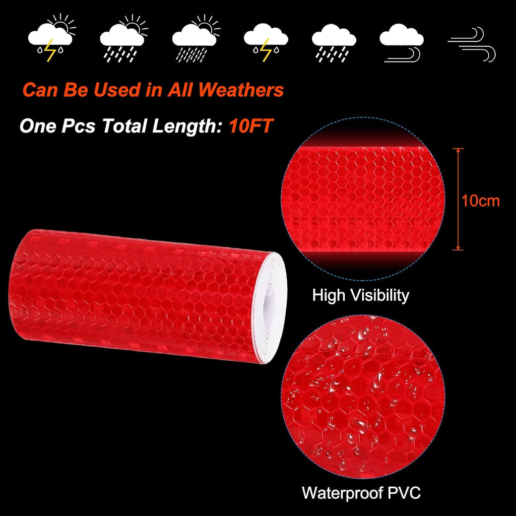 PATIKIL 4 Inch x 10 ft Reflective Tape, 1 Roll Waterproof Self Adhesive High Visibility Caution Warning Safety Tape Reflector with Scraper for Trucks Trailers Cars, Red
