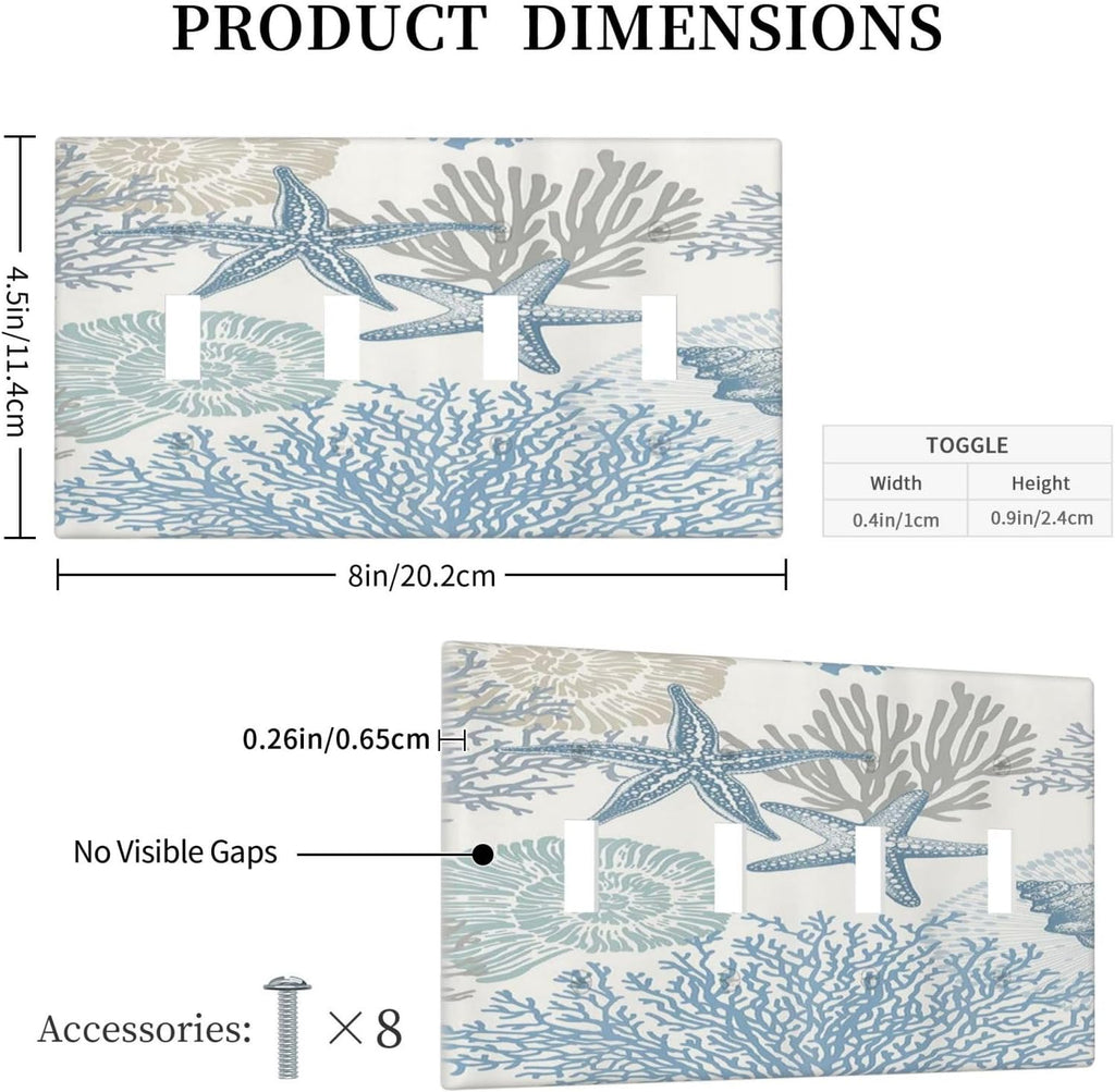 Decorative Light Switch Plate Covers Blue Starfish Coral Seaweed 4 Gang Light Switch Cover Quad Toggle Wall Plate Outlet Covers for Bathroom Bedroom Decor