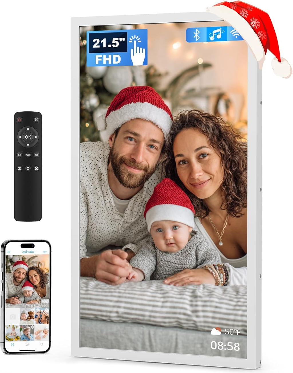 21.5 Inch Touchscreen Large Digital Picture Frame with FHD IPS Screen, 32GB WiFi Digital Photo Frame,Remote Control, Wall-Mountable, Share Photo/Video via Apps, Email, USB/Mirco SD, White
