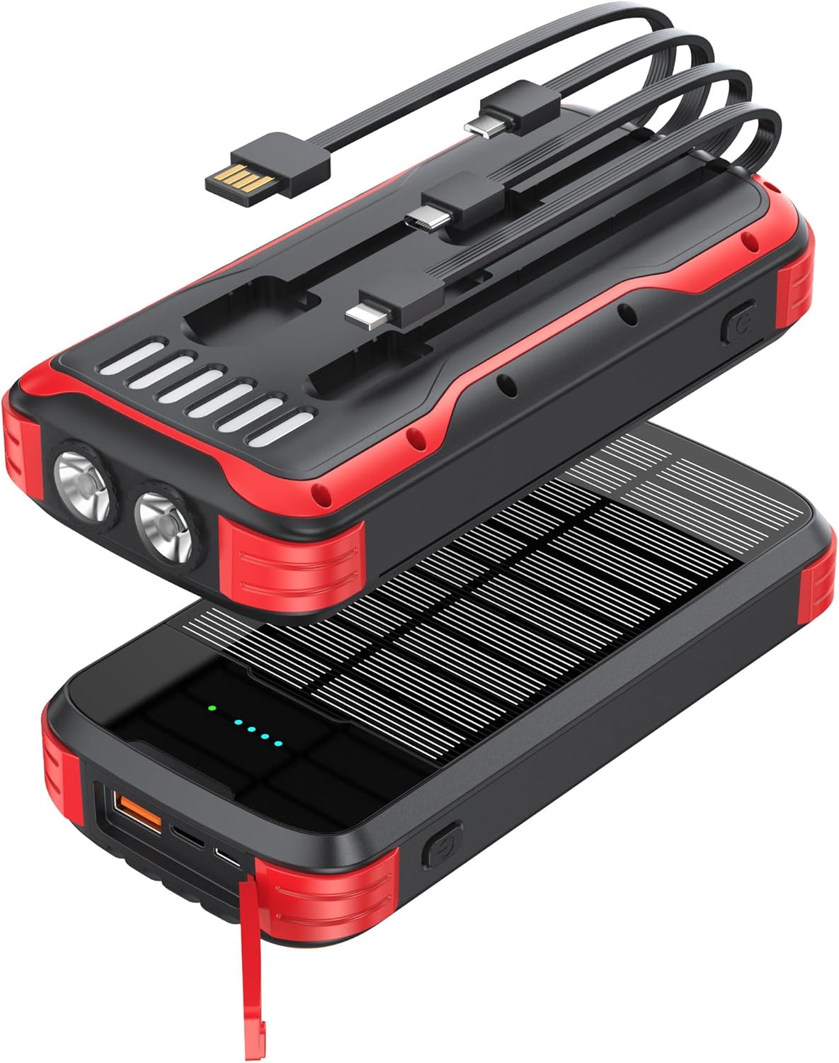 Solar Charger Power Bank, 40000mAh Portable Charger PD 20W Fast Charging Solar Power Bank Built in 4 Cables and USB-C in/Output, Camping Essentials External Battery Pack with Flashlights