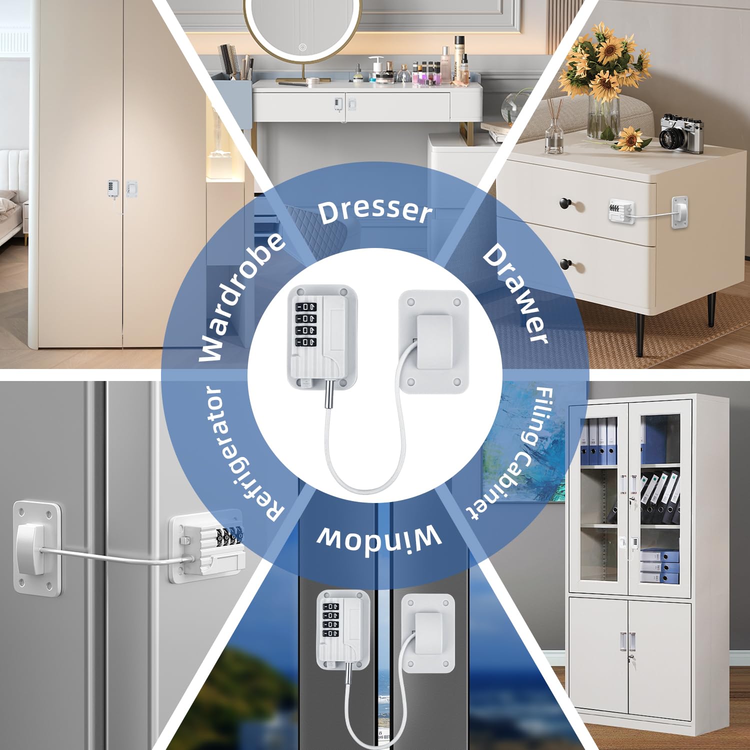 Refrigerator Lock, Heavy Duty Fridge Locks for Kids, Freezer Lock with Combination for Refrigerator Drawer Cabinet Safety, Easy to Install No Keys Needed White, 2 Packs