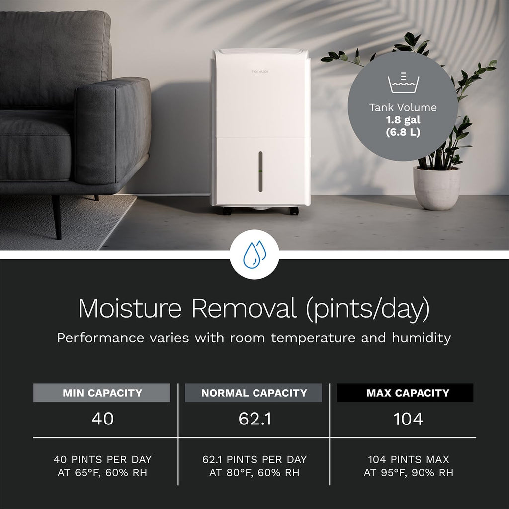 hOmeLabs Dehumidifier for Home, Office, Basements with Powerful Moisture Removal, Humidity Control, Auto Shut-off, Quiet Operation - 6,000 Sq Ft Rooms (40 Pint MAX 104 Pint at 95°F, 90% RH) with Pump