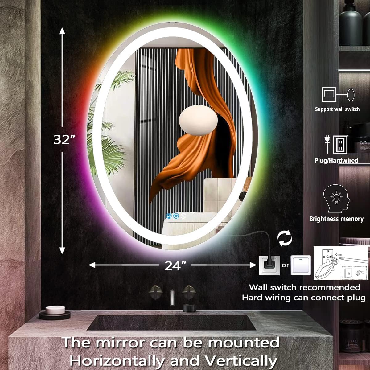 THEKLA 24 x 32 Inch LED Oval Mirror with 3 Color Front Lights + RGB Rainbow Color Changing Backlit Oval Lighted Vanity Mirror for Bathroom Wall Dimmable AntiFog 32in Ovals Smart Light up Mirrors