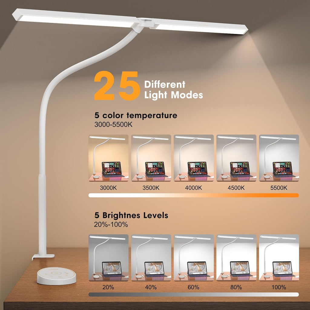 Led Desk Lamp for Office Home - Eye Caring Architect lamp with Clamp,Dual Screen Computer Monitor Work Smart Light: 24W 5 Color Flexible Adjustable Lighting Table Lamp for Study White