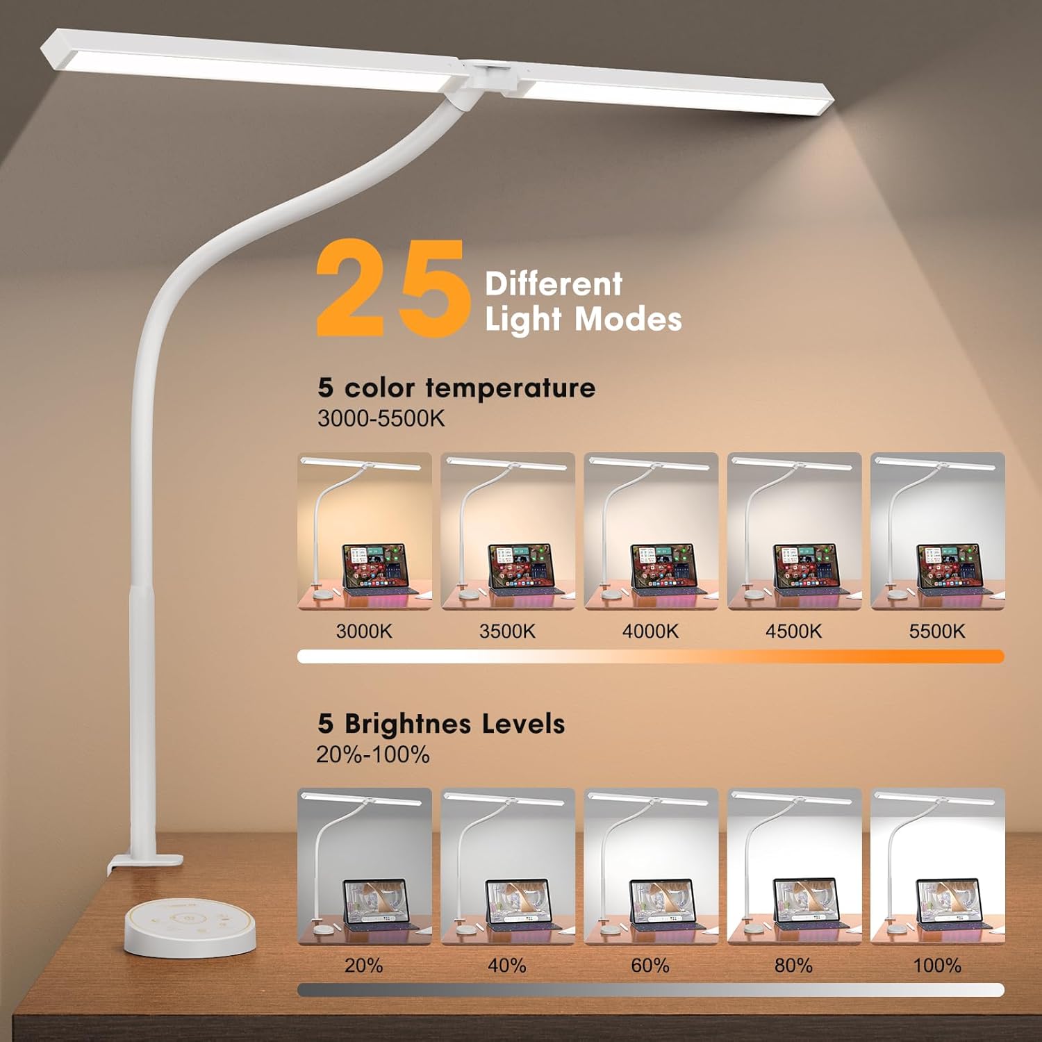 Led Desk Lamp for Office Home - Eye Caring Architect lamp with Clamp,Dual Screen Computer Monitor Work Smart Light: 24W 5 Color Flexible Adjustable Lighting Table Lamp for Study White