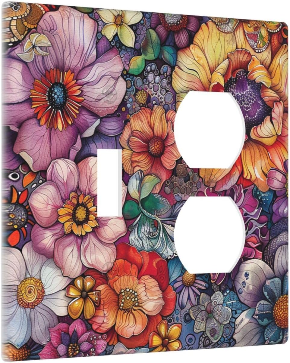 Wallplates Colorful Bohemian Flowers Vintage Boho Floral 1 Toggle 1 Duplex Switch Plate Electrical GFCI Faceplate Decorative Light Switch Covers for Bed Room living Room Decor
