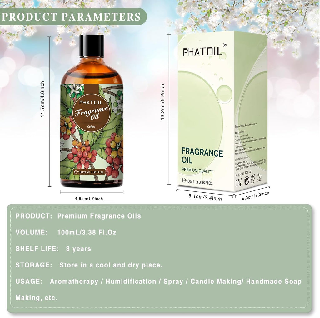 PHATOIL 3.38FL.OZ Coffee Fragrance Oils for Aromatherapy, Essential Oils for Diffusers for Home, Perfect for Diffuser, DIY Candle and Soap Making, DIY Scented Products - 100ml