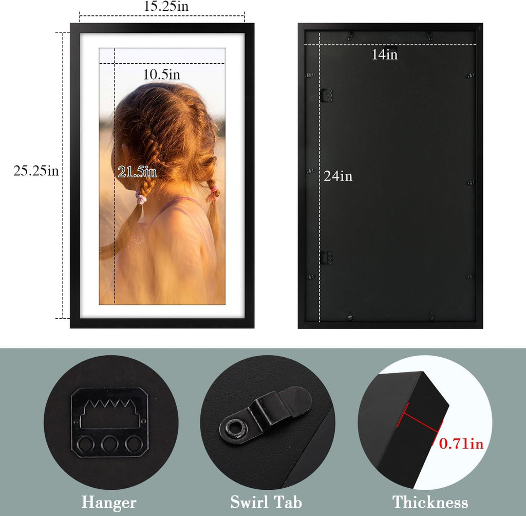 Golden State Art, 14x24 Picture Frame with Mat for 11x22 - High Definition Glass Wall Mounting Horizontal Vertical Display (Black, 1 Pack)