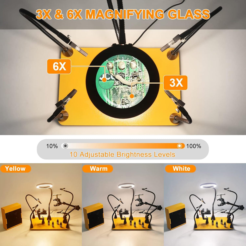 Magnetic Helping Hands Soldering Third Hand with 3X & 6X LED Magnifying Lamp, Hot Air Gun Holder,12V Solder Fume Extractor, Extra Large & Heavy Duty Base, Four Arms Solder Station for Soldering PCB
