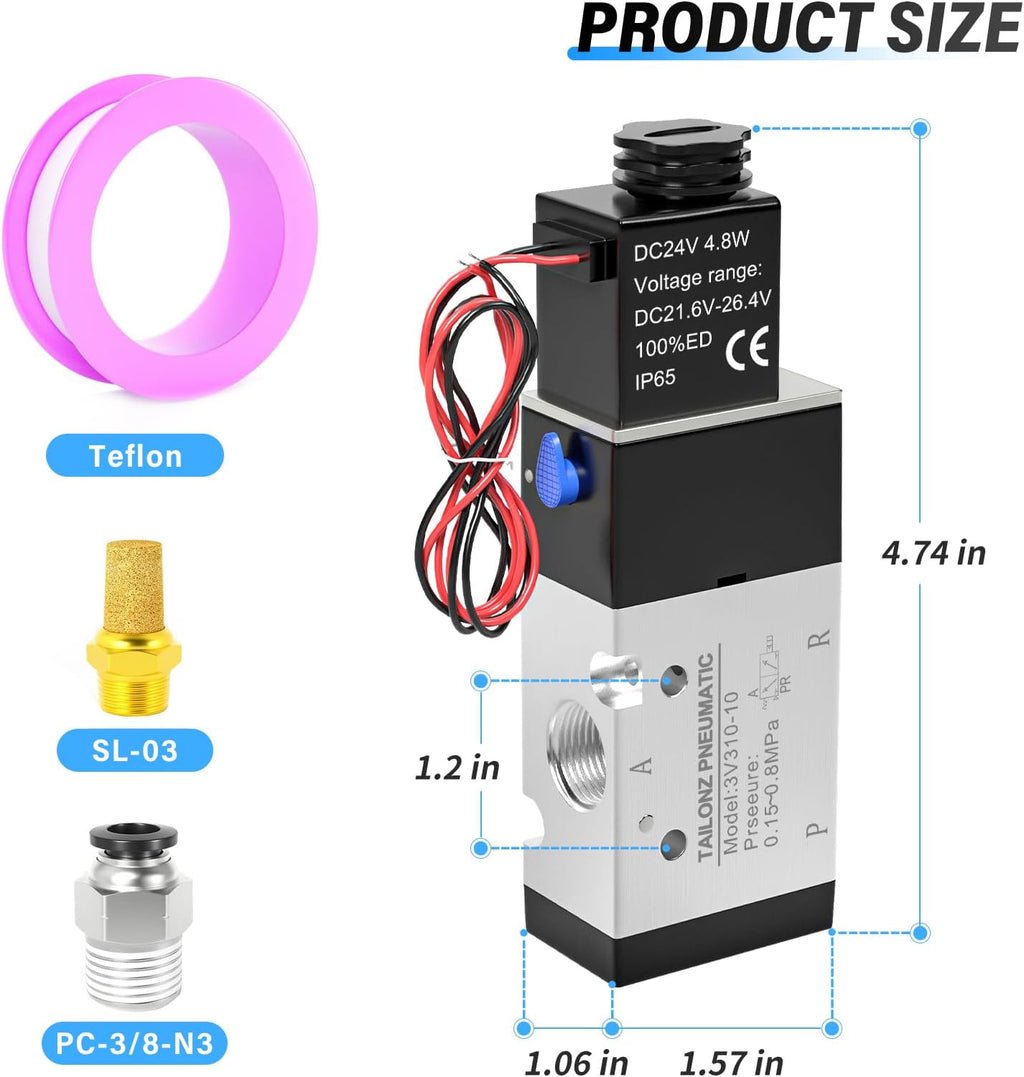 TAILONZ PNEUMATIC 3/8"NPT Solenoid Valve 3V310-10 DC24V Single Coil Pilot-Operated Electric 2 Position 3 Way Connection Type(Outlet wire)