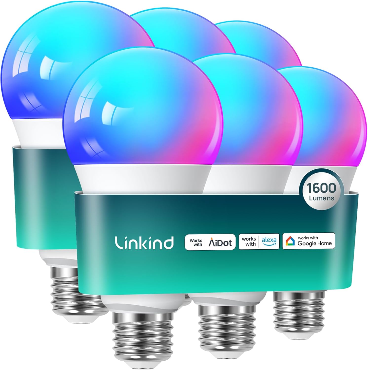 Linkind Smart Light Bulbs, 1600LM (100W Equivalent) Smart Bulb, Compatible with Alexa, RGBTW Color Changing Bulb Music Sync, 2.4GHz Wi-Fi & Bluetooth, LED Alexa Light Bulbs 14W, A21 E26, 6Pack