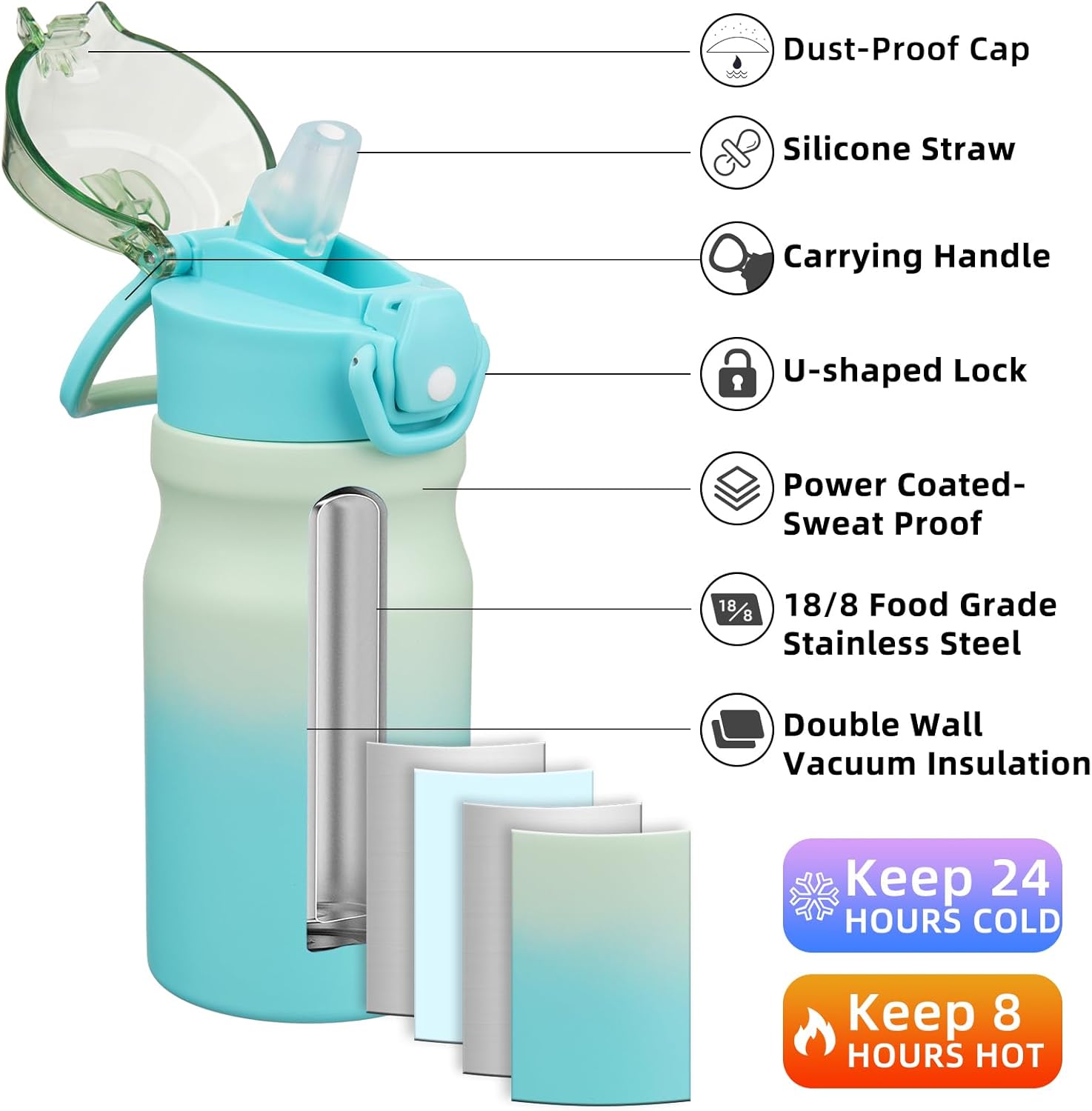 BJPKPK Water Bottle with Straw 14oz Insulated Water Bottles Reusable Stainless Steel Metal Thermal Flask with Leak Proof Lockable Lid and Carry Handle,Mint