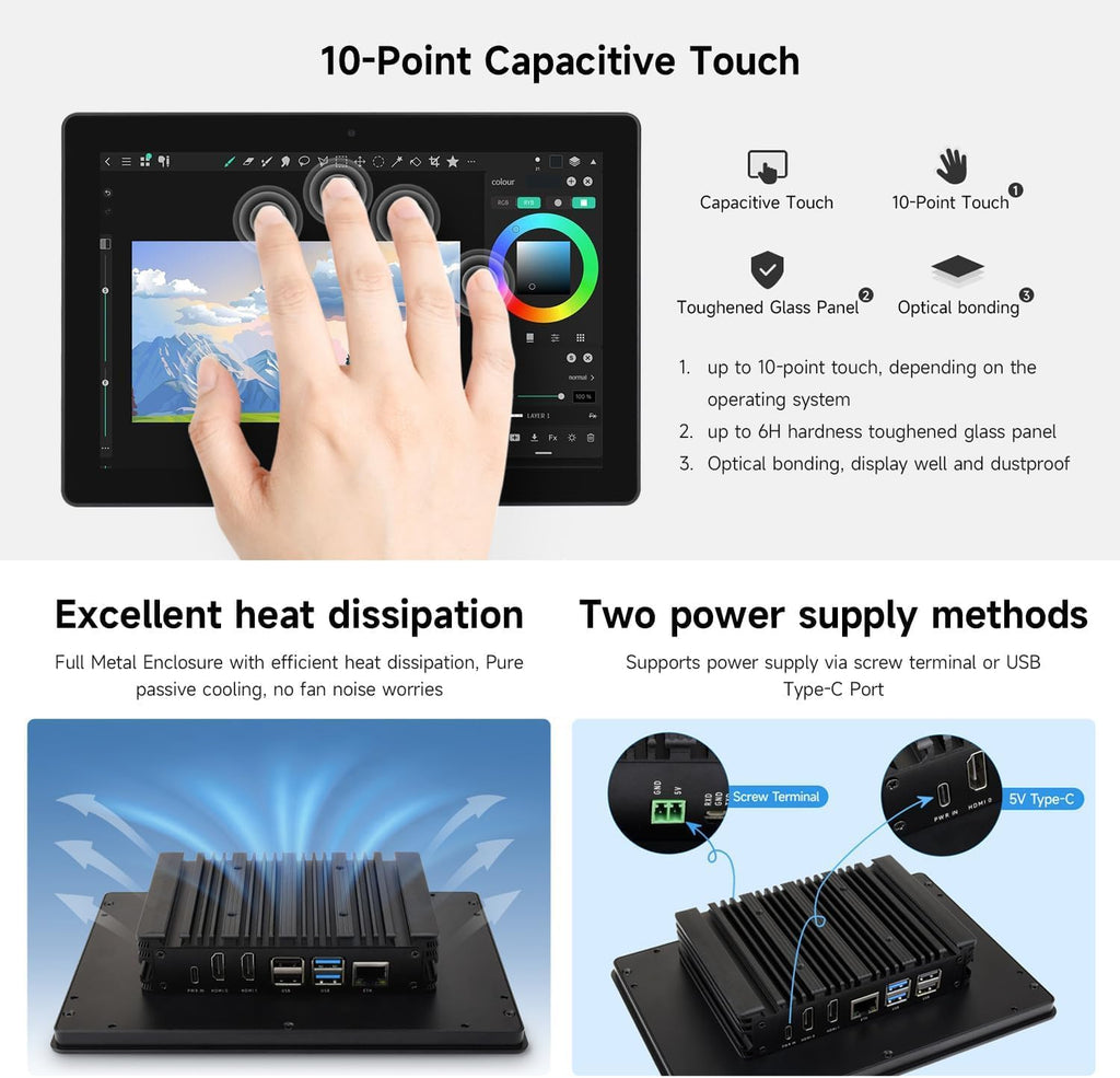 Industrial HMI All-in-one 8inch Touch Display Compatible with Raspberry Pi (Not Included), Supports Dual 4K HDMI Output, 10-Point Touch, Aluminum Alloy Case (RPI-HMI-080D-ACCE)
