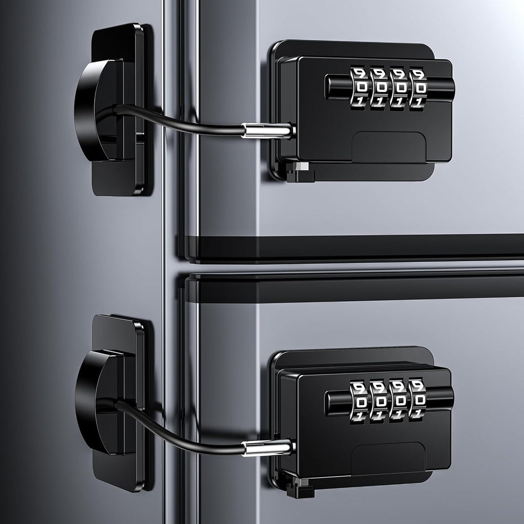 Child Proof Fridge Locks with 4 Code Password, Refrigerator Combination Latch for Kids, Toddlers and Adults, Baby Proofing Freezer Door Lock for Cabinets and Drawers, Oven, Windows (2 Pack-Black)