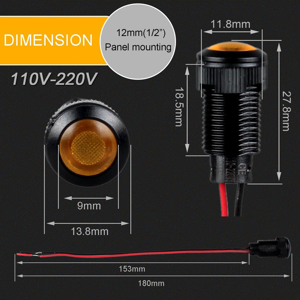 5pcs 12mm LED Indicator Light Plastic Black Signal Dot Lamp 110-220VAC 1/2 inches Mounting Hole Size with 15cm/5.9in. Wire (Yellow LED)
