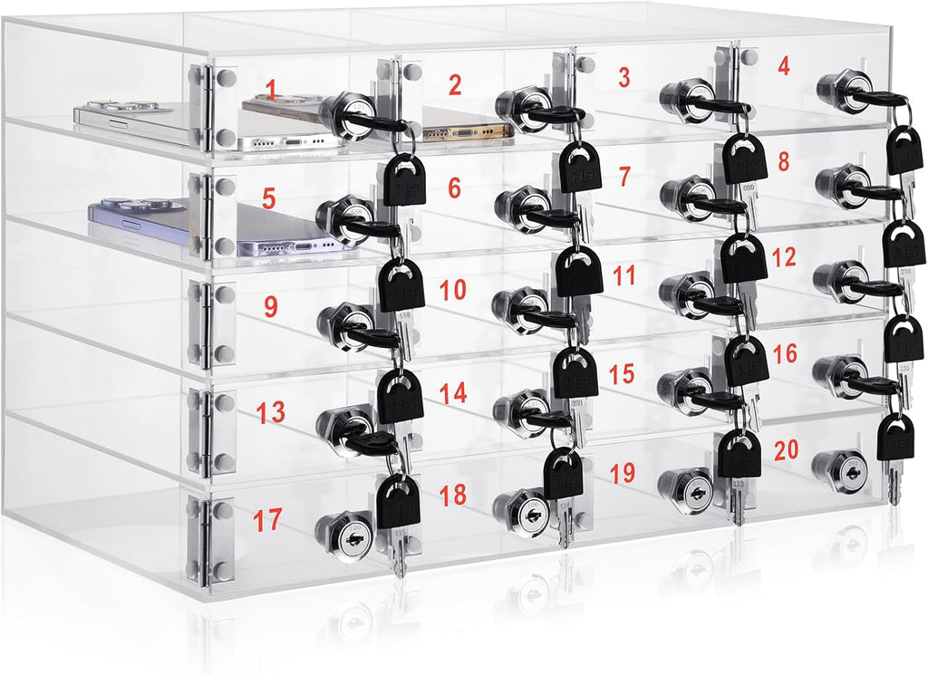 Layhit 20 Slots Cell Phone Locker Box for Classroom Clear Acrylic Cell Phone Storage Cabinet Bin with Door Locks for Classroom School Students Office Factory Employees