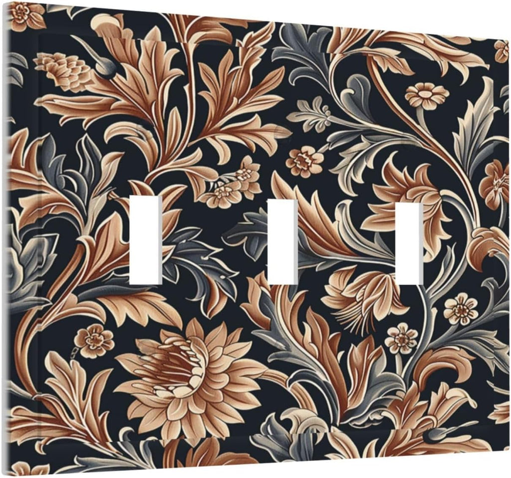 Decorative Switch Plates Vintage Grey Plant Leaves Brown Flowers 3 Gang Wall Plate Triple Toggle Light Switch Cover Faceplate Electrical Wall Panels for Bedroom Home Decor