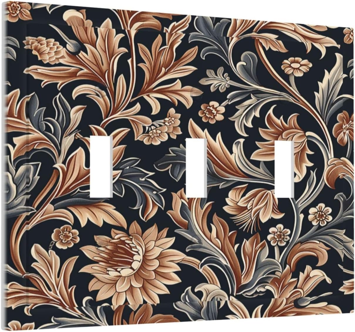 Decorative Switch Plates Vintage Grey Plant Leaves Brown Flowers 3 Gang Wall Plate Triple Toggle Light Switch Cover Faceplate Electrical Wall Panels for Bedroom Home Decor