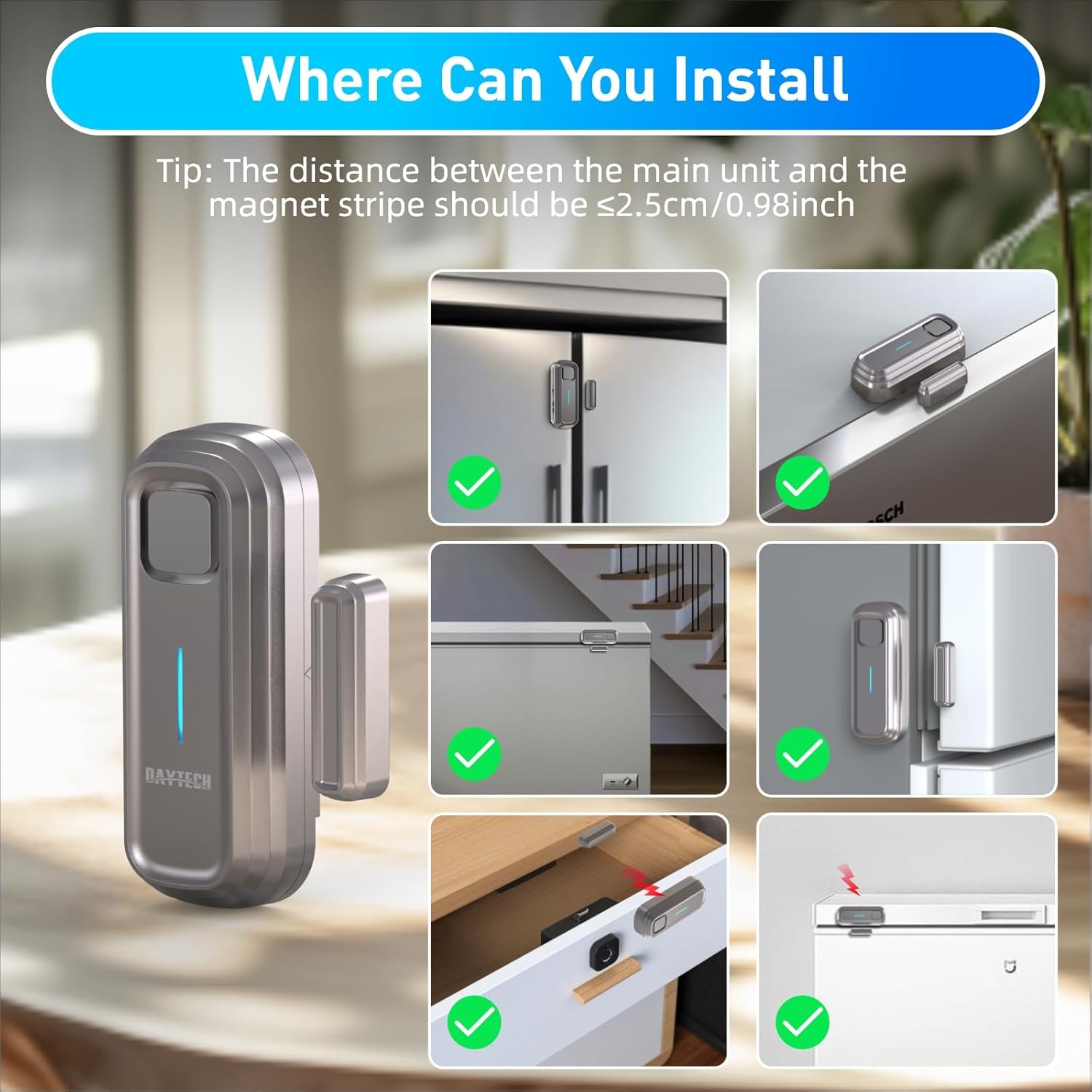 Daytech Refrigerator & Freezer Door Alarm - Adjustable 1-4 Minute Delay, 0-120dB Adjustable Siren, Door/Window Sensor for Home or Business (5 Pack, Gray)
