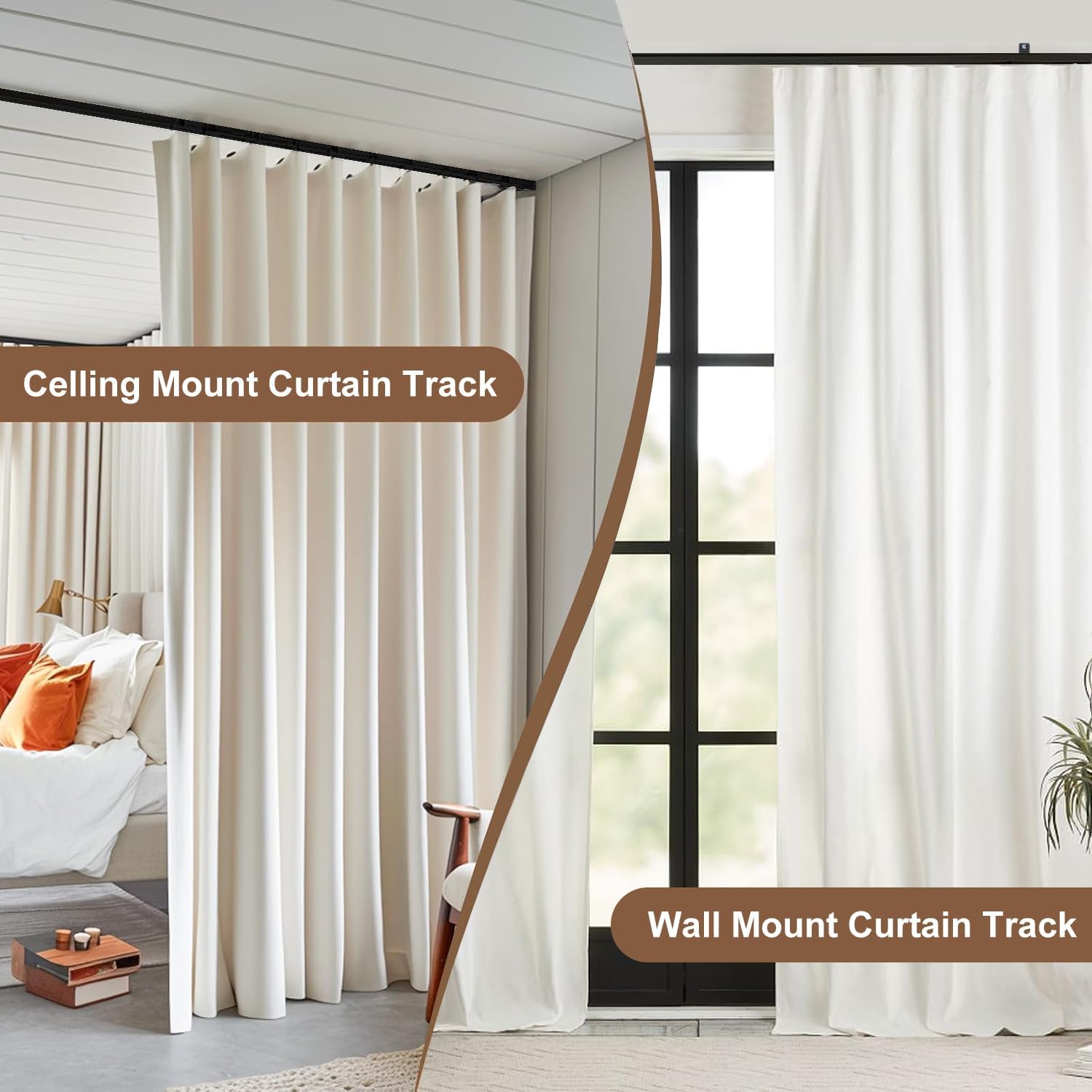 Ceiling Mount Curtains Track Room Divider Privacy Partition Separator Curtain Tracks Rods Heavy Duty RV Shower Outdoor Rail Clip Hook Set, Black 3-6ft