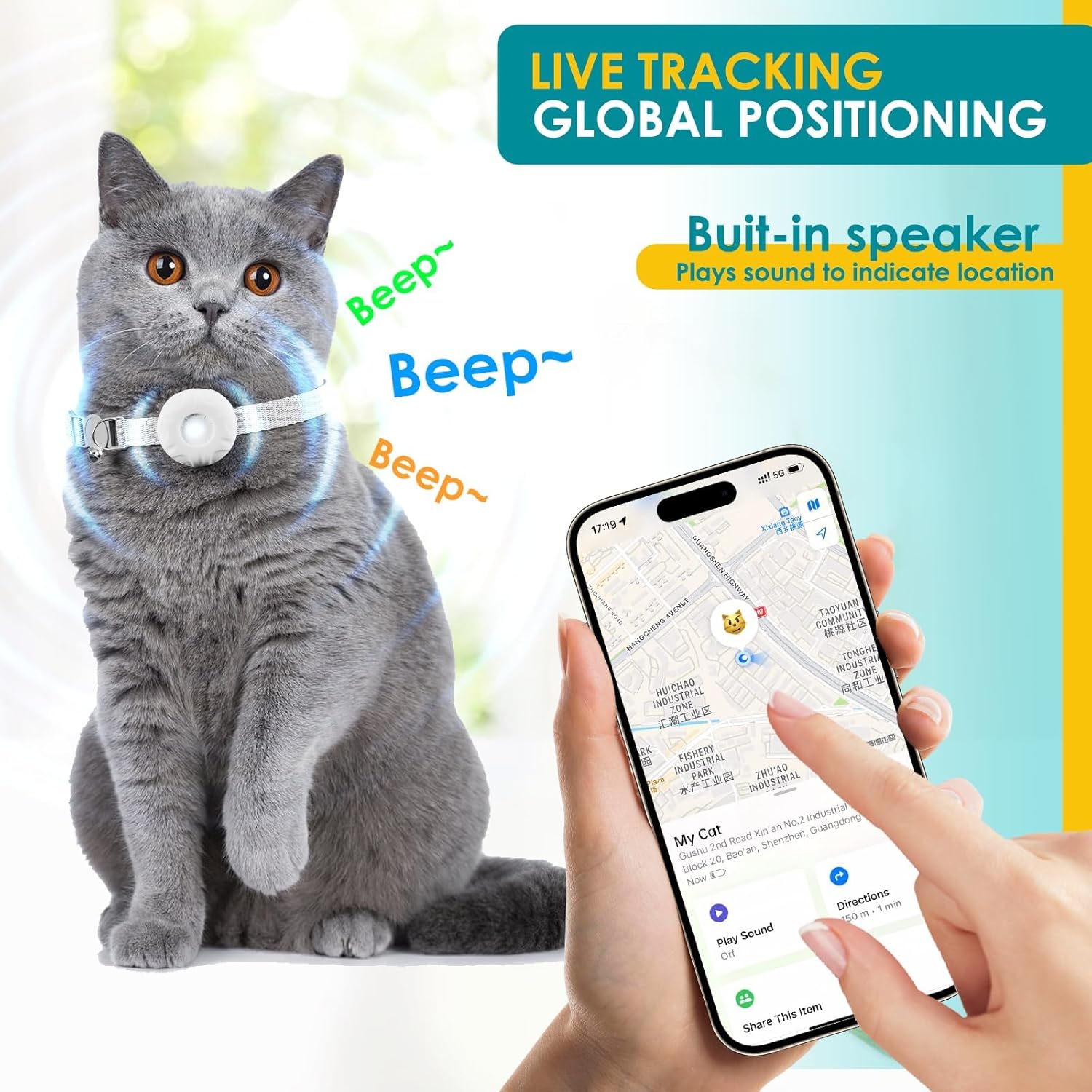 Cat GPS Tracker, Waterproof Pet Tracker for Cats, Cat Tracker Collar with Safety Elastic Buckle, Works with Any Collar,Compatible with Apple Find My App (Only iOS), No Monthly Fee, White