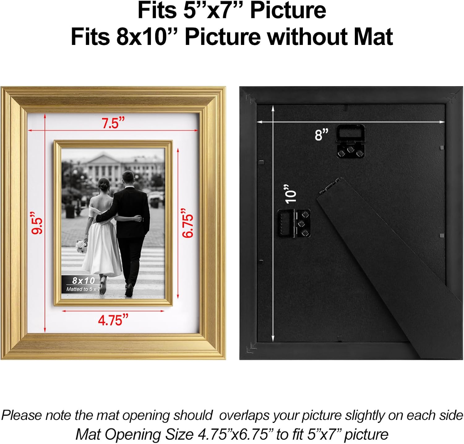 Yaetm 8x10 Gold Picture Frame with Decorative Inner Frame & Tempered Glass, Display 5x7 Photos with Mat - Portrait or Landscape - Tabletop & Wall Mount for Office & Home Décor (Gold, 2 Pack)