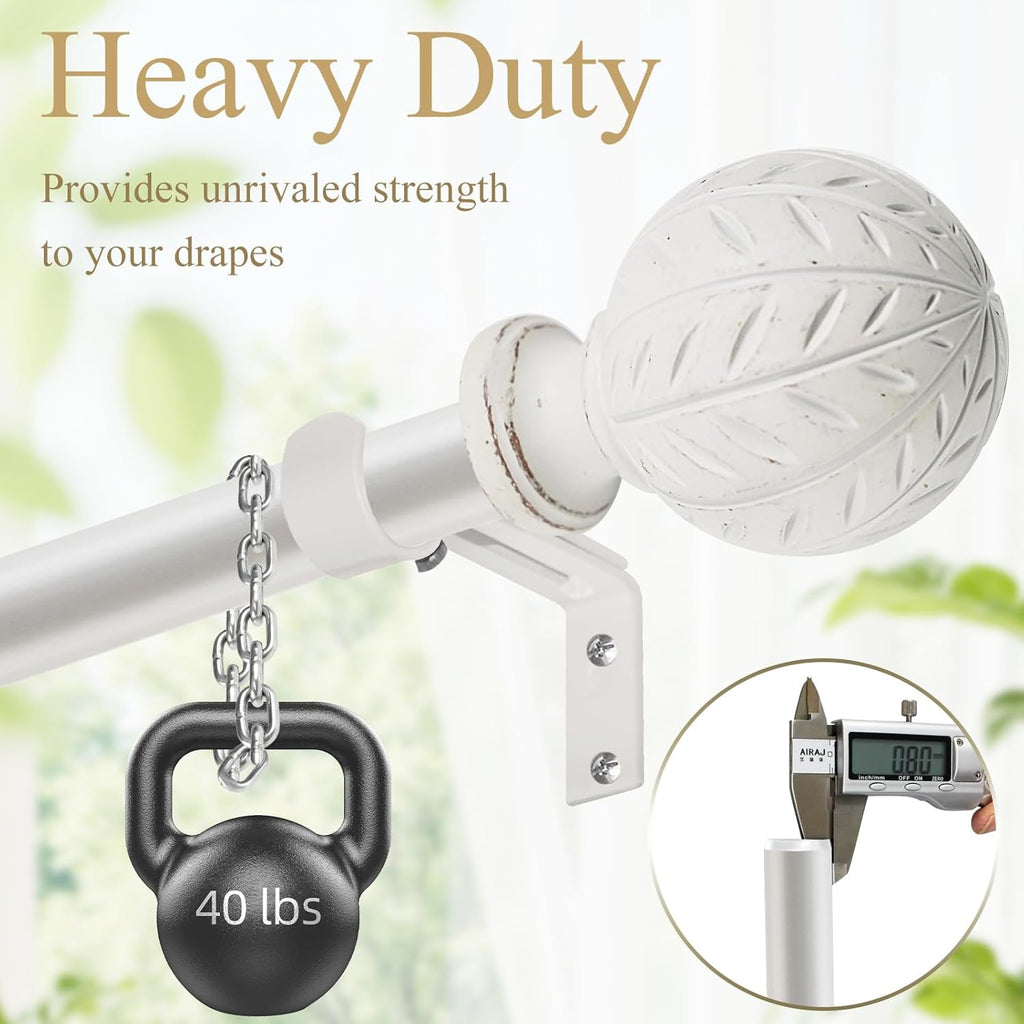 Weathered White Curtain Rod for Windows 66 to 120 Inches(5.5-10ft)， 1'' Diameter Heavy Duty Adjustable Curtain Rod with Leaf Pattern Finials - for Living Room, Bedroom,etc 36-120''