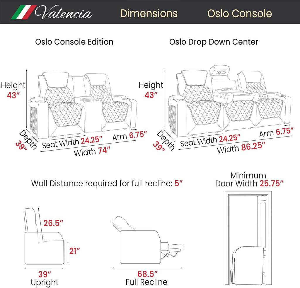 Valencia Oslo Home Theater Seating | Premium Top Grain Italian Nappa 11000 Leather, Power Headrest, Power Lumbar Support, with Center Console (Row of 3, Black)