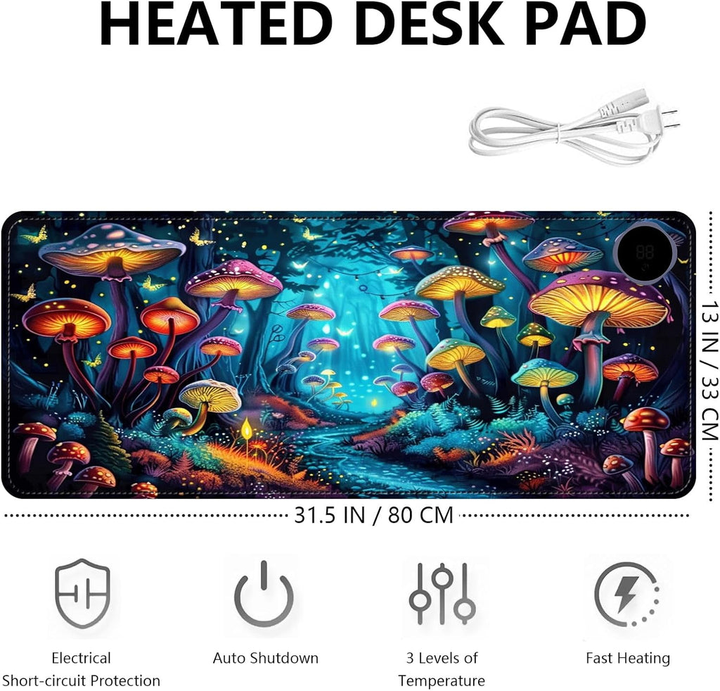Heated Mouse Pad with 3 Levels Heated & 3 Hours Auto Shut-Off Mouse Pad for Warming Hands in Office Home, 31.5" x 13"Large Safe Desk Mat Hand Warmer，Forest Glowing Mushroom