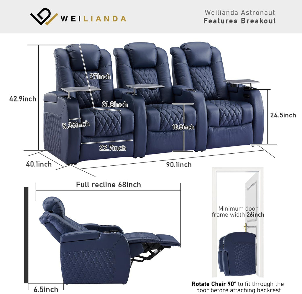Weilianda Home Theater Seating Top Grain Leather Zero Gravity Recliner Chair Power Headrest Recline Movie Seat Gaming 7 Colors Mood Light Sofa with Tray Table USB Charge Row of 3 Blue