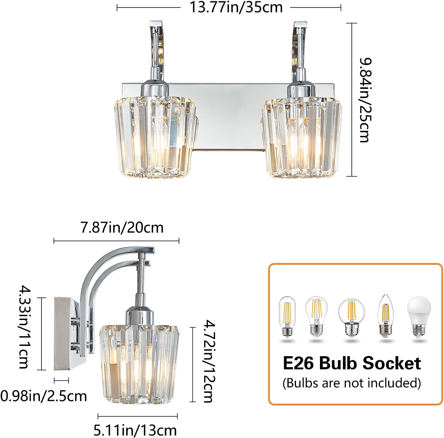Modern Bathroom Vanity Light, 2-Light Chrome Wall Sconce with Crystal Accents, Over Mirror Bathroom Lighting Fixture, 13.77" Long Dimmable Vanity Lamp for Makeup, Easy Installation