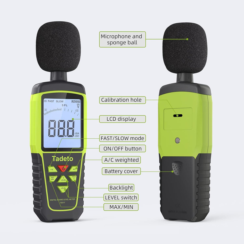 Decibel Meter, Tadeto Digital Sound Level Meter Portable SPL Meter 30dB to 130dB(5 Measurement Range) Backlight LCD Display, MAX/MIN Noise Measurement, Audible and Visual Alarms,Data Hold, A/C Mode