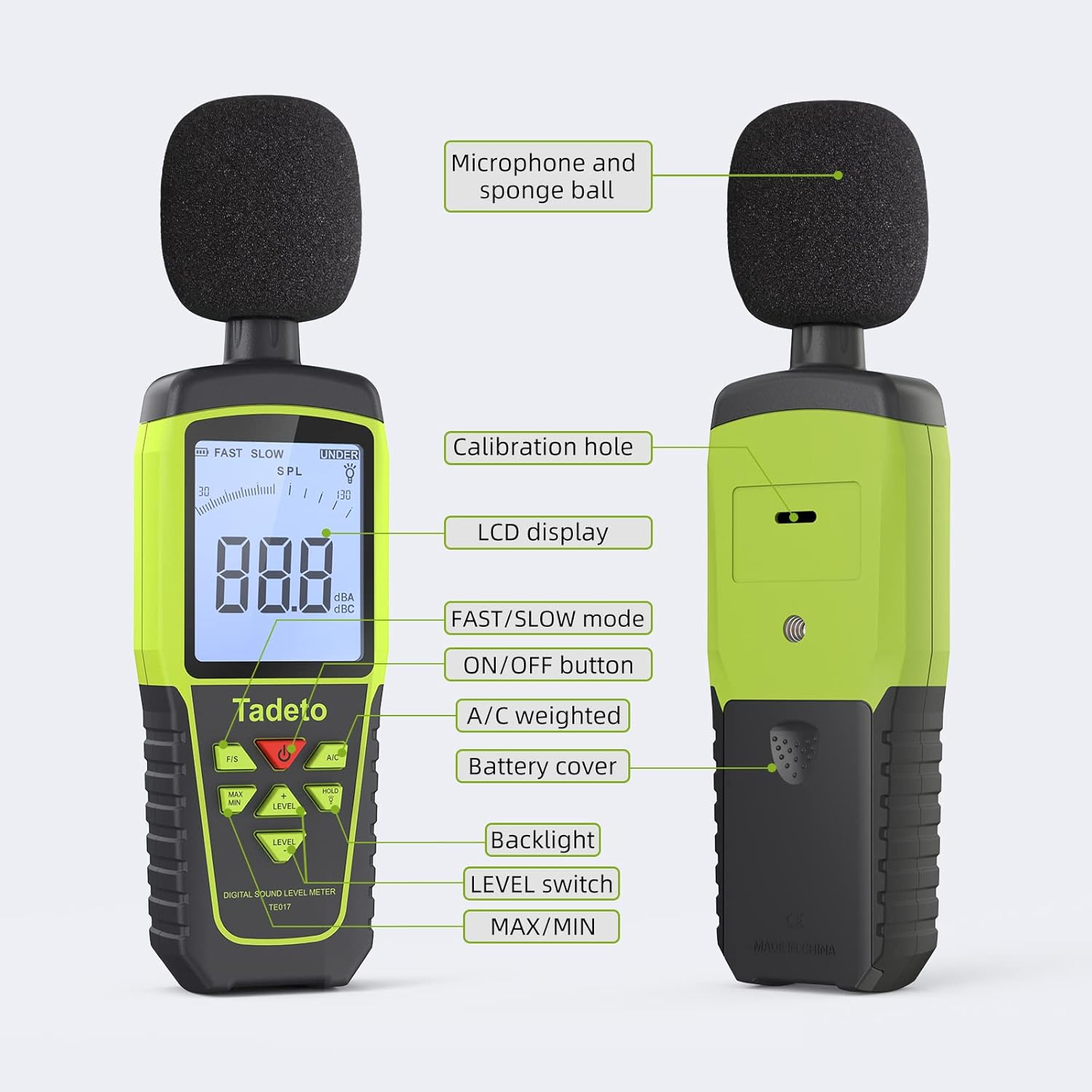 Decibel Meter, Tadeto Digital Sound Level Meter Portable SPL Meter 30dB to 130dB(5 Measurement Range) Backlight LCD Display, MAX/MIN Noise Measurement, Audible and Visual Alarms,Data Hold, A/C Mode