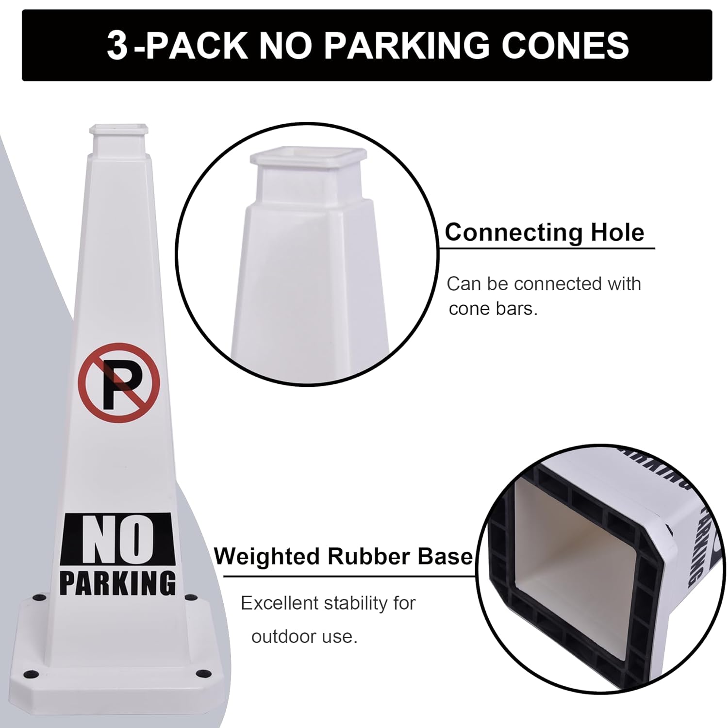 OrangeStar 3-Pack 28" No Parking Cones, Large 4-Sided Traffic Cones with Heavy Rubber Base for Parking Lot Control, Safety, Driveway | Indoor Outdoor Use