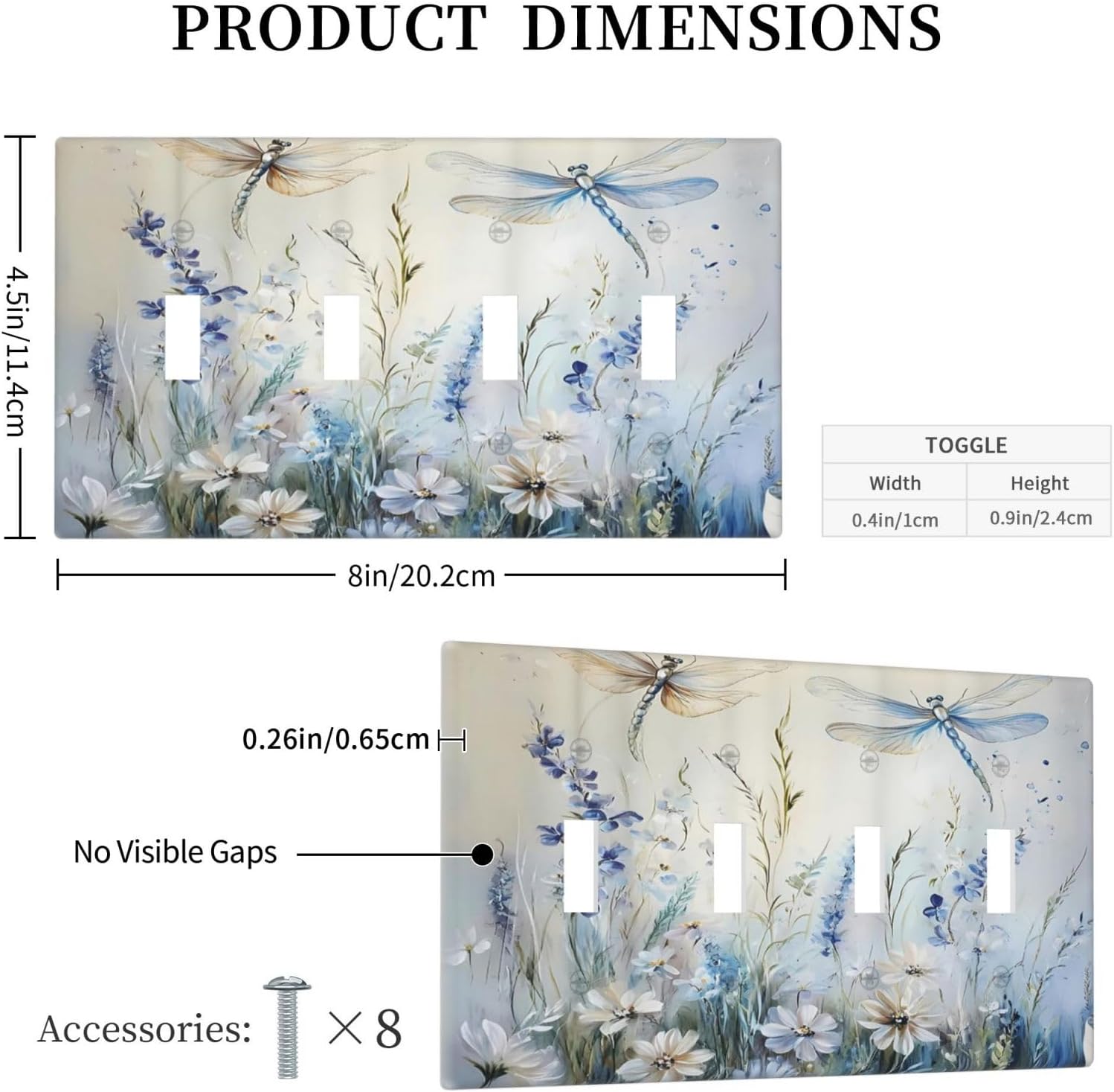 Decorative Light Switch Cover Plate Watercolor Dragonfly Blue Wihte Flower 4 Gang Wall Plates for Electrical Outlets Quad Toggle Switch Plate Covers Outlet Covers Faceplate for Bedroom Decor