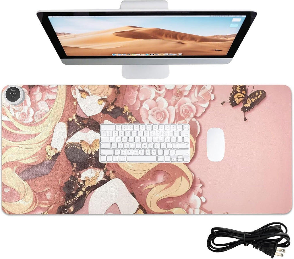Large Heated Mouse Pad,Leather Desk Mat,31.5"x13",Hand Warmer Pads for Desk,Girl Butterfly(Glod Pink)