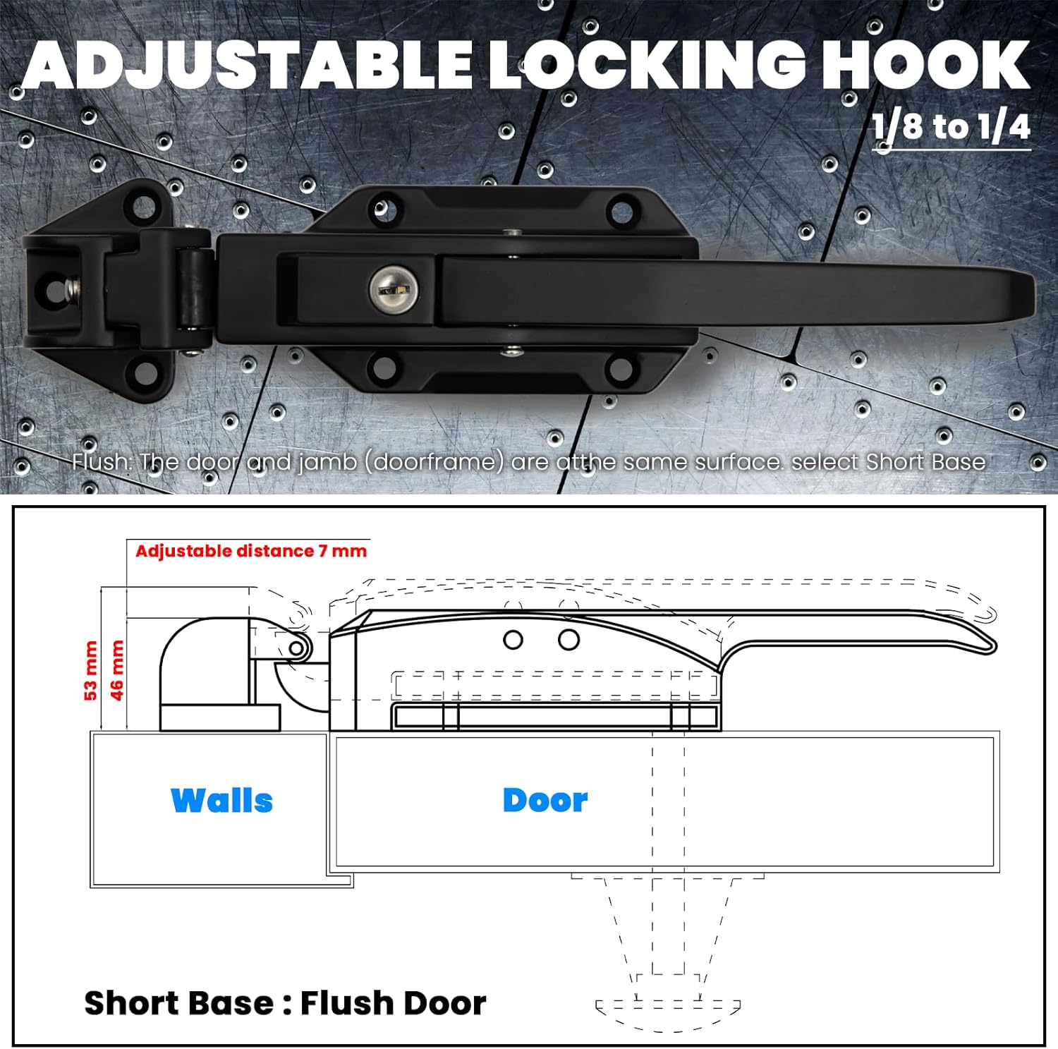 Walk in Cooler Door Handle, Walk in Cooler Door Closer Complete Latch Kit, Freezer Door Handle, Offset -1/8 in to 1/4 in(Flush) and 5.9" Solid Metal Interior Release Handle（Frosted Black）
