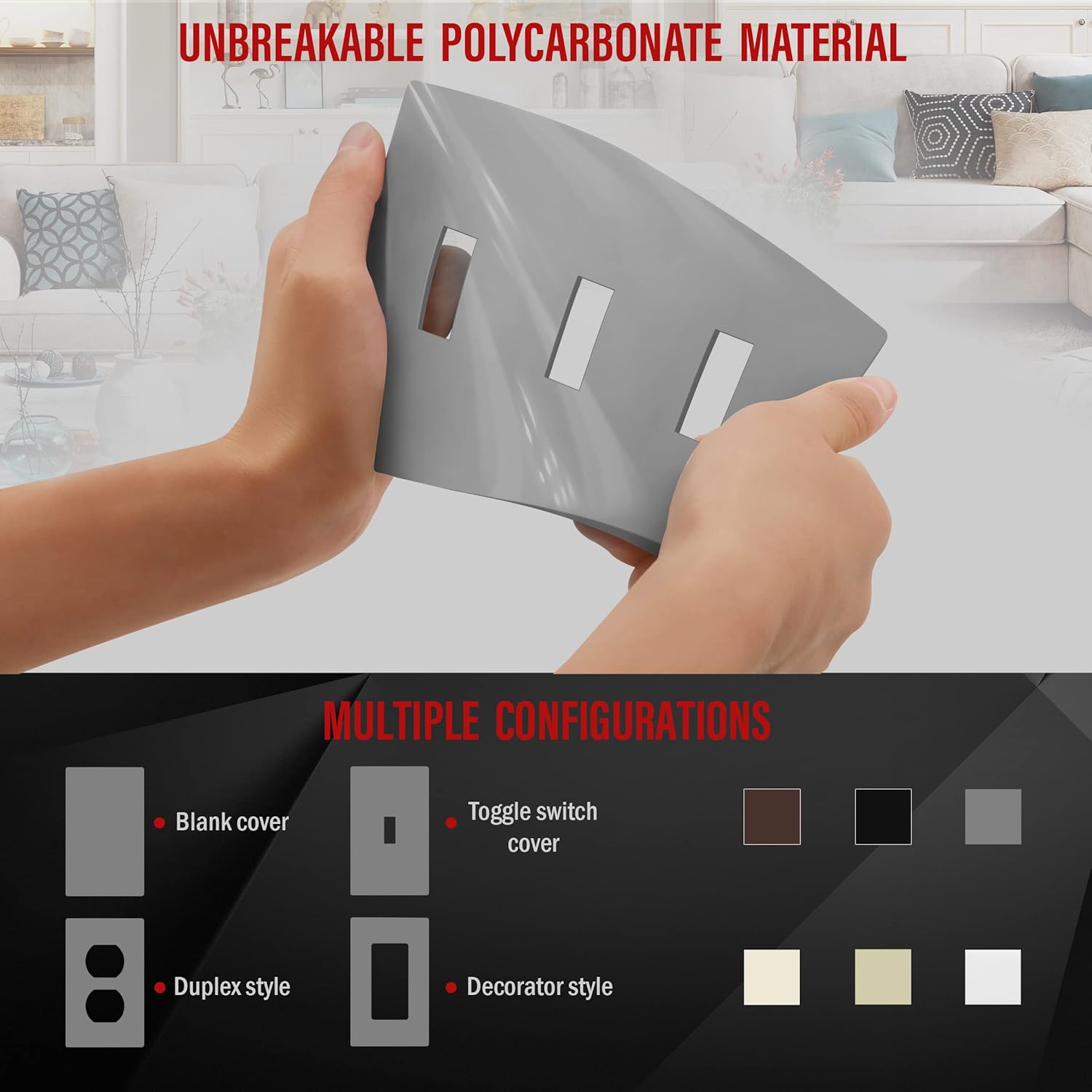 ENERLITES Screwless Triple Toggle Switch Wall Plate, Child Safe Light Switch Cover, Standard Size 3-Gang 4.68" x 6.53", Unbreakable Polycarbonate Thermoplastic, UL Listed, SI8813-GY, Glossy, Gray