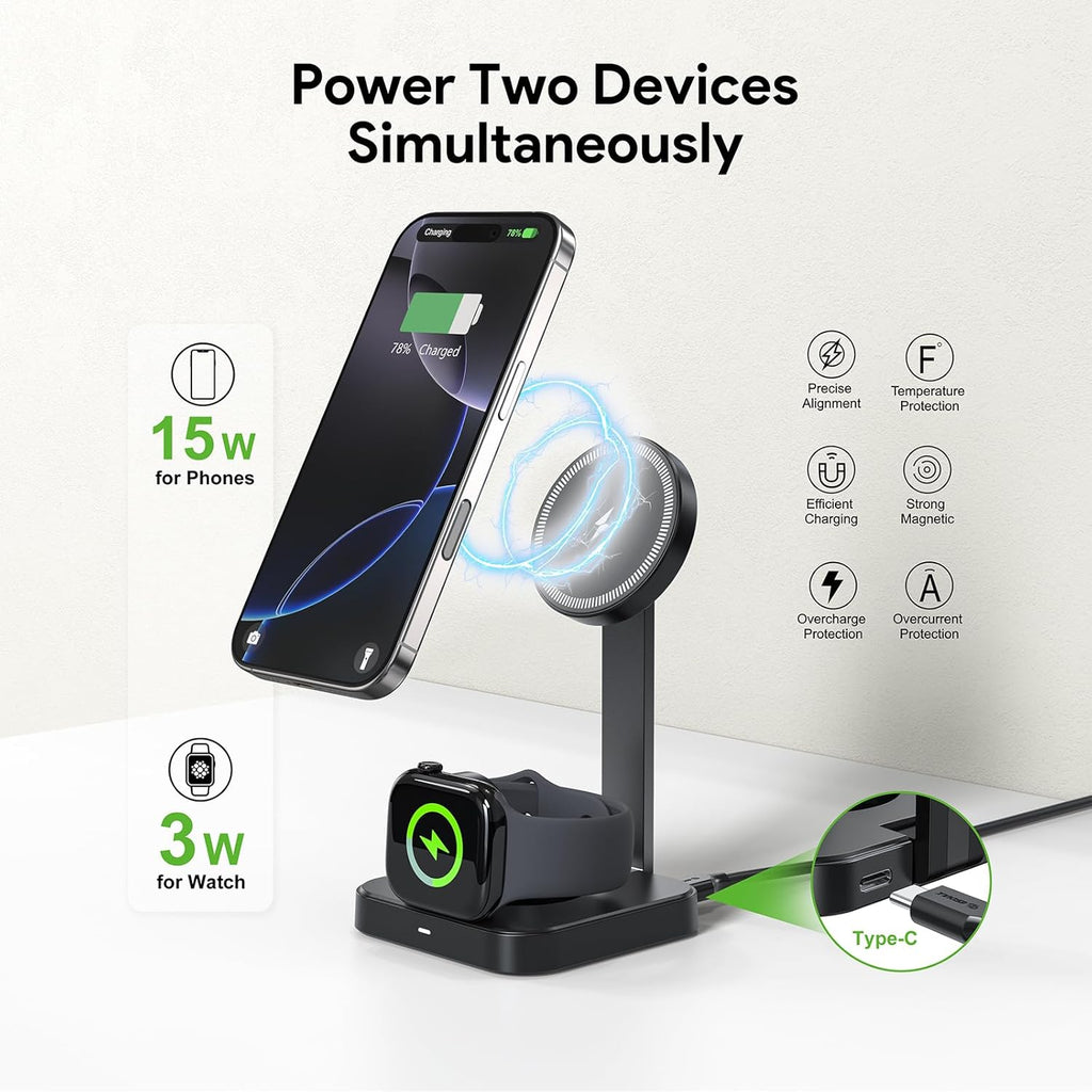 Esoulk 15W 2-in-1 Wireless Charger, Foldable Magnetic Fast Charging Station for iPhone, Apple Watch, and Smart Watch