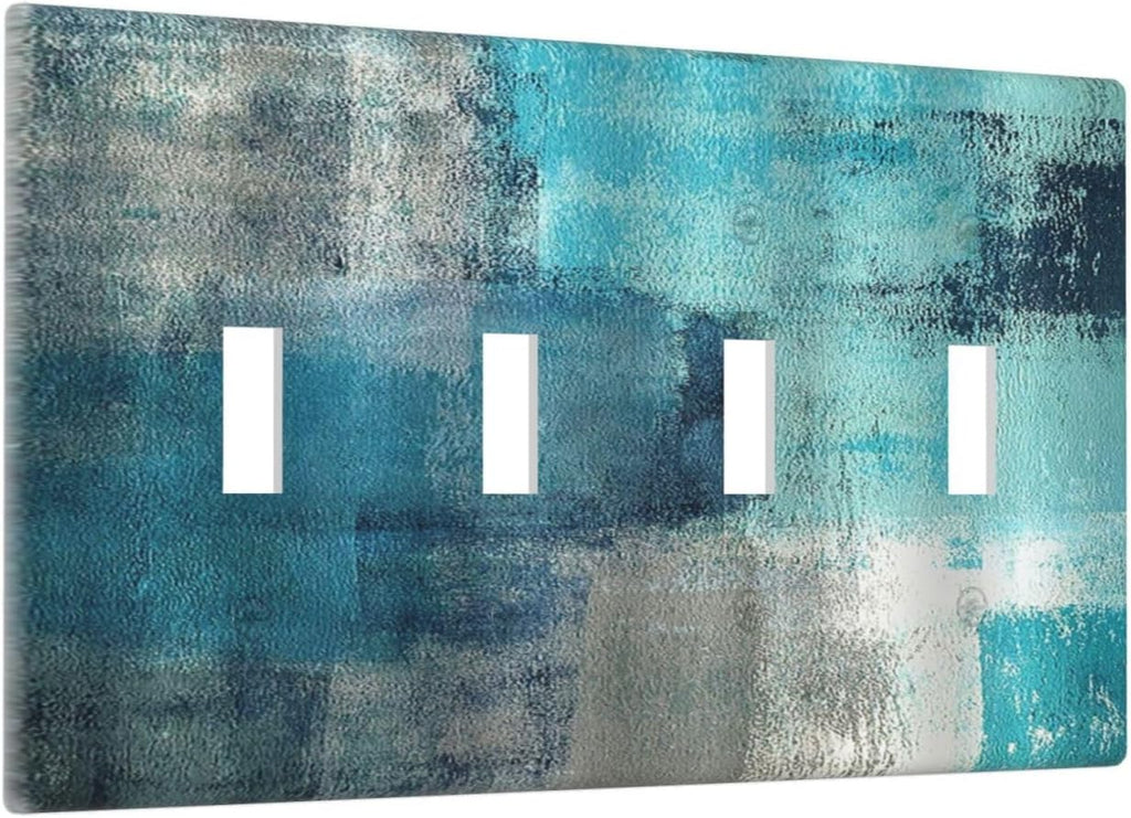 Light Switch Covers Teal Blue Modern Geometric Abstract Turquoise Green Quad Toggle Electrical Faceplate 4 Gang Wall Plate Decorative Switch Plates for living Room Bedroom Decor