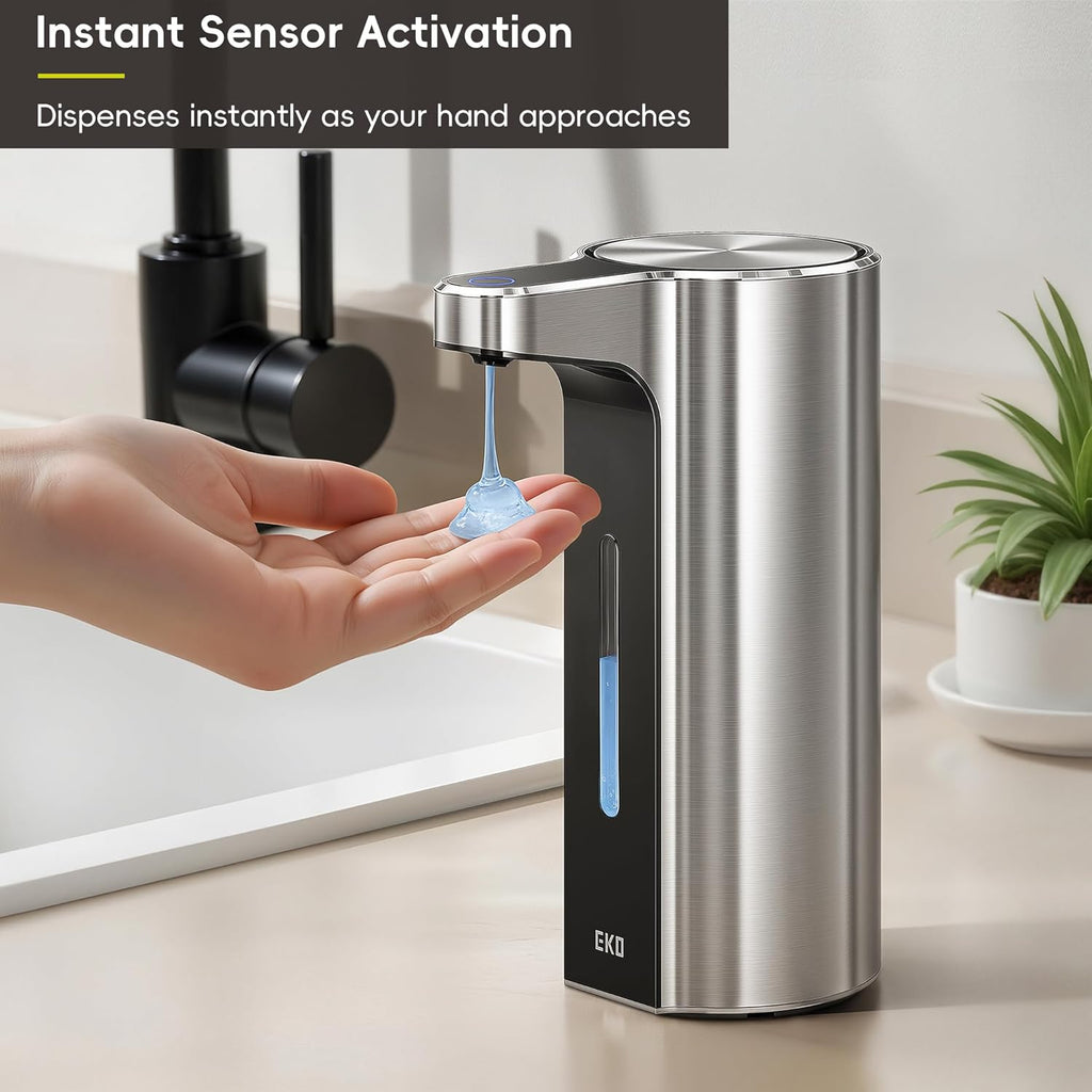EKO Aroma Pro 13.5 fl oz Touchless Automatic Liquid Soap Dispenser, Rechargeable Hand & Dish Soap Dispenser for Bathroom and Kitchen, Waterproof, Adjustable Volume Control (Stainless Steel)