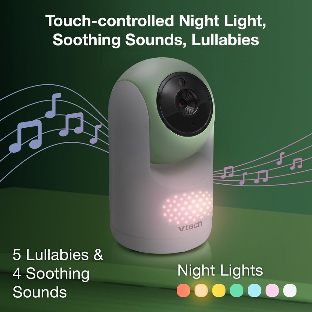 VTech 2-Cameras Video Baby Monitor with 7" Color LCD Screen, Rechargeable Battery, Video and Audio Streaming, Pan-Tilt-Zoom, Touch Multi-Color Night Light, Two-Way Talk: Advanced Max Twin (Green)