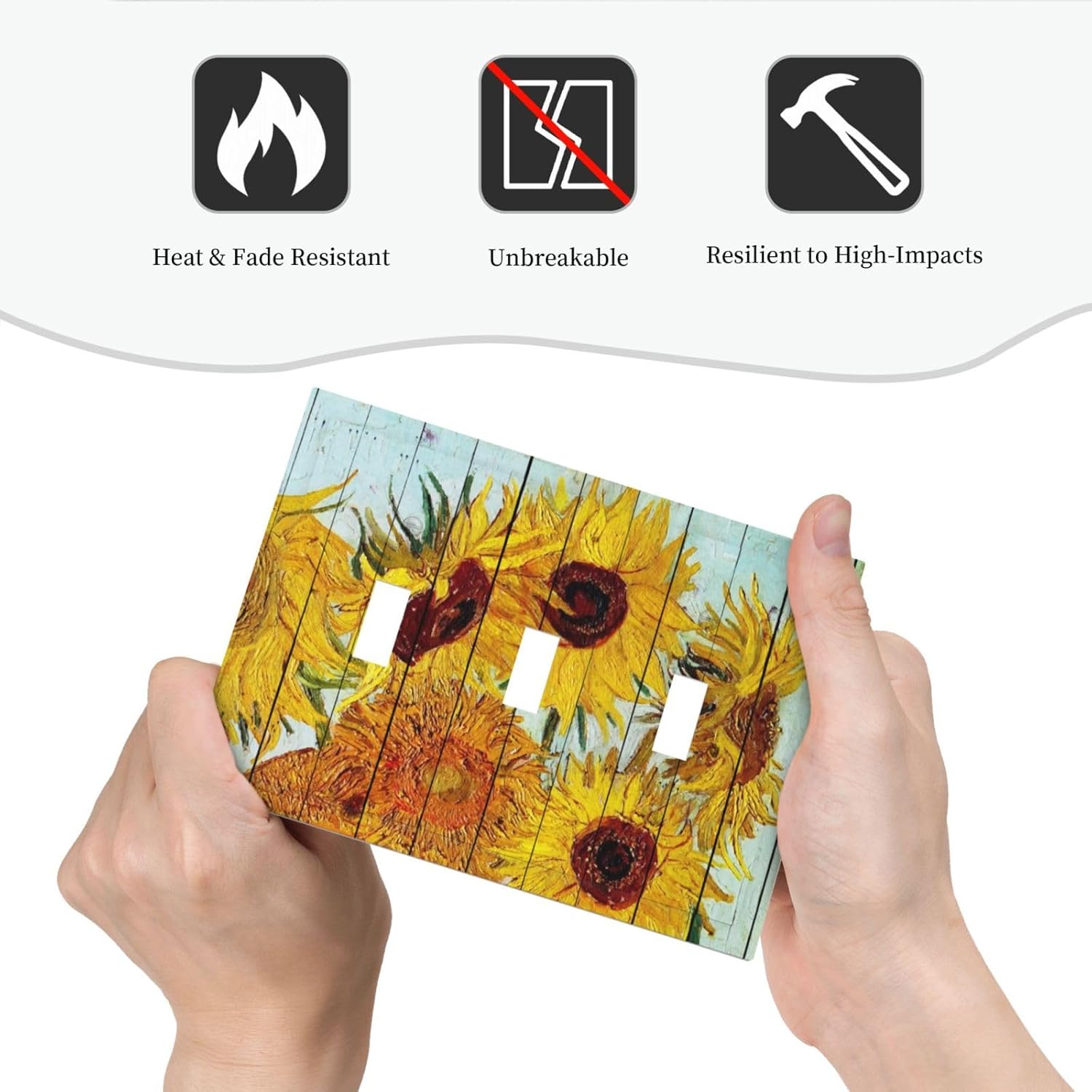 Decorative Switch Plates Sunflowers Oil Paintings Wood Floral 3 Gang Wall Plate Triple Toggle Light Switch Cover Faceplate Electrical Wall Panels For Farmhouse Bed Room Decor