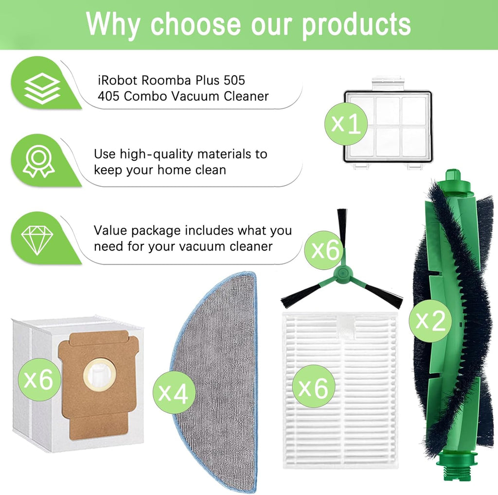 Replacement Parts Accessories Compatible with iRobot Roomba 104,105 Vac/Combo,Q052 Vac/Combo Q0520 105 Essential Vacuum Cleaner,2 Roller Brushes 6 Filters 1 Pre-Filter 4 Mop Pads 6 Side Brushes 6 Bags